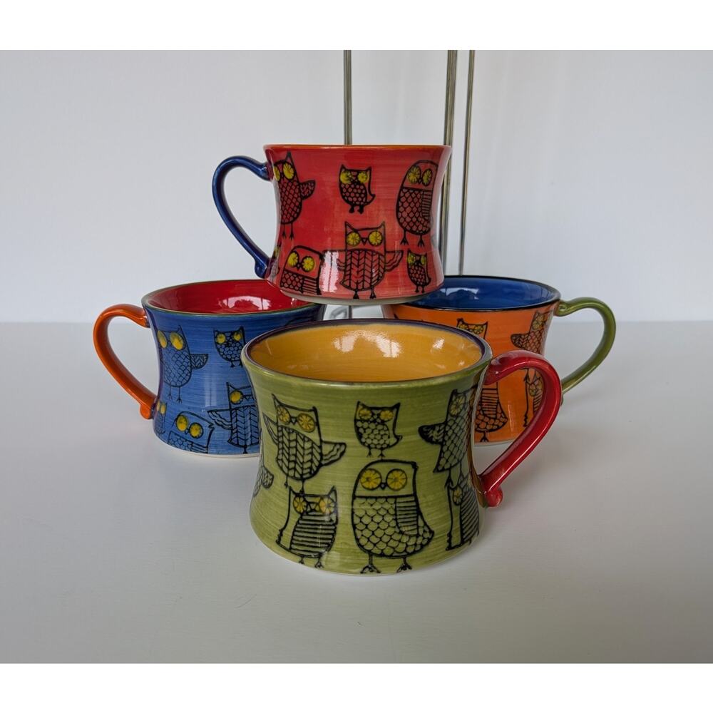 Cute Pier One Imports Stackable Owl Mug Set Colorful Green Blue Orange Red - Picture 2 of 4